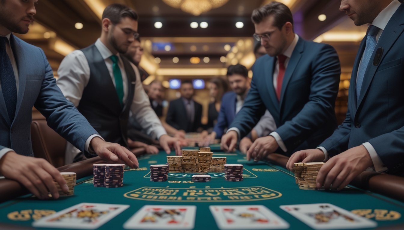 Meja blackjack dengan dealer dan pemain yang sedang bermain kartu, di dalam suasana kasino yang mewah.