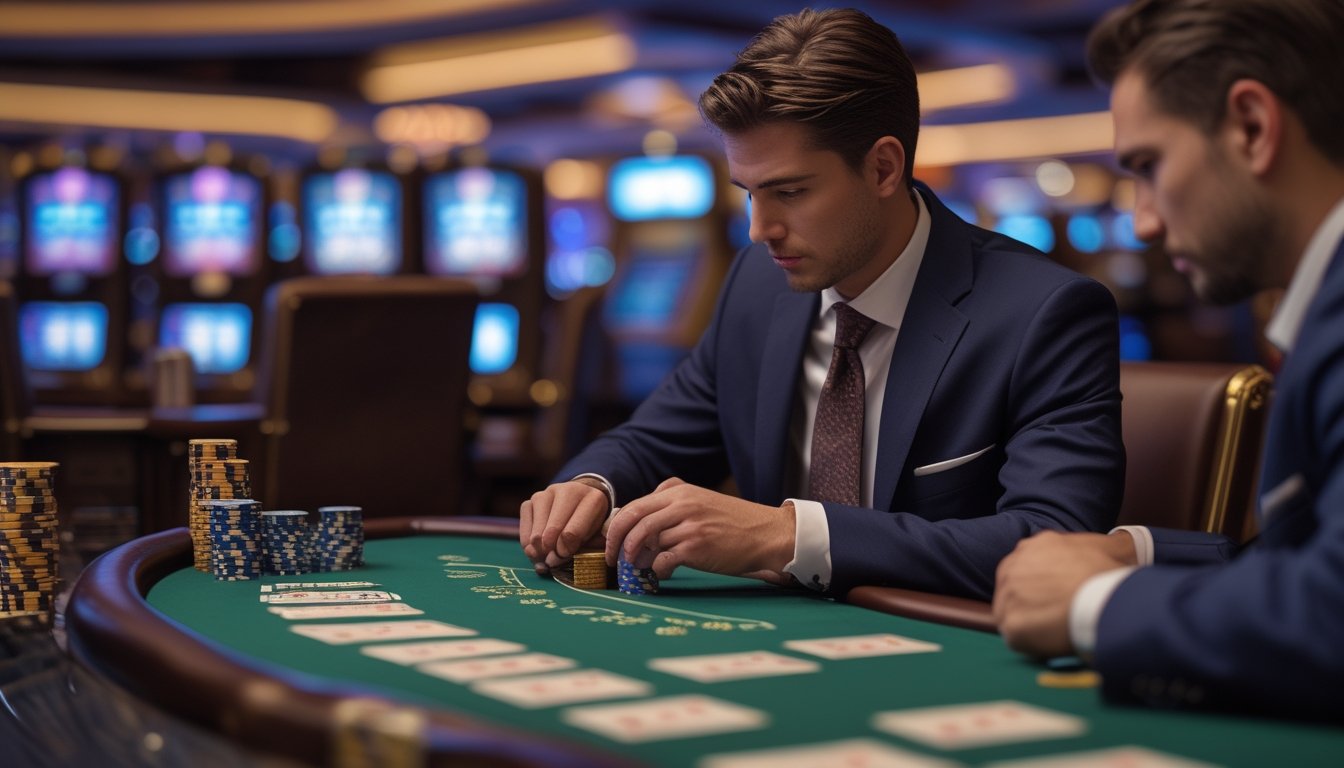 Seorang pemain berpakaian rapi sedang menganalisis kartu di meja blackjack dengan beberapa tumpukan chip dan dealer yang membagikan kartu di latar belakang kasino.