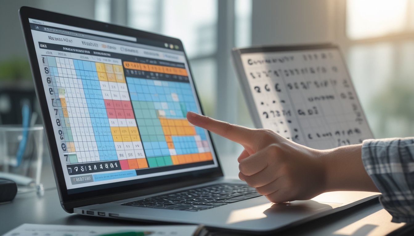 Sebuah meja kerja dengan laptop yang menampilkan grafik dan angka, tangan menunjuk layar, serta buku catatan dan pena di sampingnya.