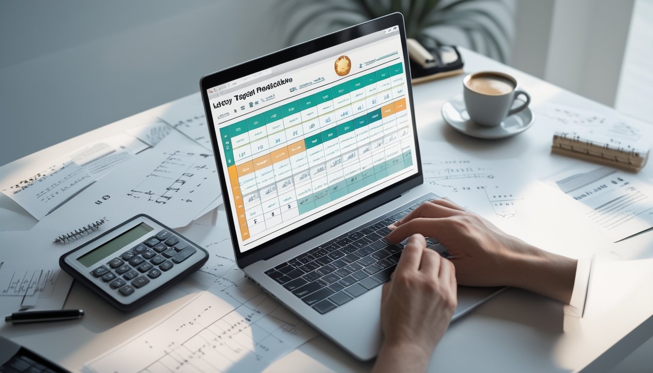 Sebuah ruang kerja modern dengan laptop yang menampilkan data angka dan grafik, kertas berisi angka dan kalkulator di meja, serta secangkir kopi.