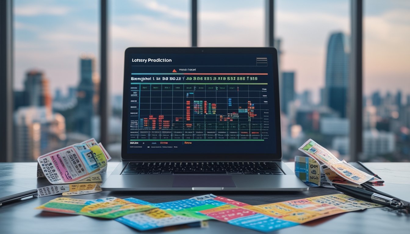 Meja kerja modern dengan laptop yang menampilkan grafik dan data angka, tiket lotere, dan pemandangan kota Bangkok di latar belakang.