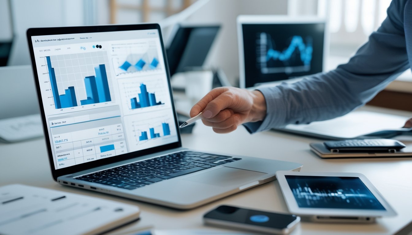 Seorang profesional sedang menganalisis data angka 2D dan 3D di meja kerja dengan laptop dan tablet di kantor yang rapi.
