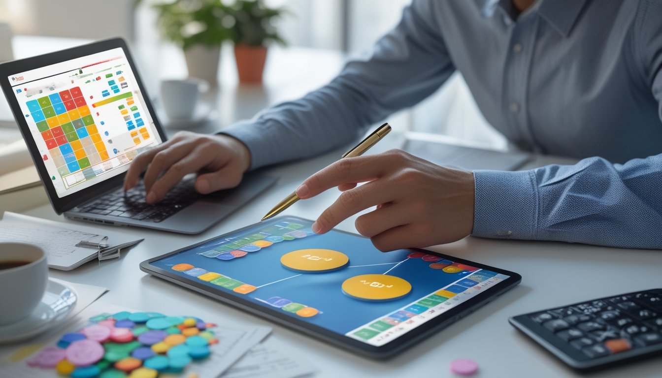 Seseorang sedang bekerja dengan perangkat digital dan grafik angka di meja kerja.
