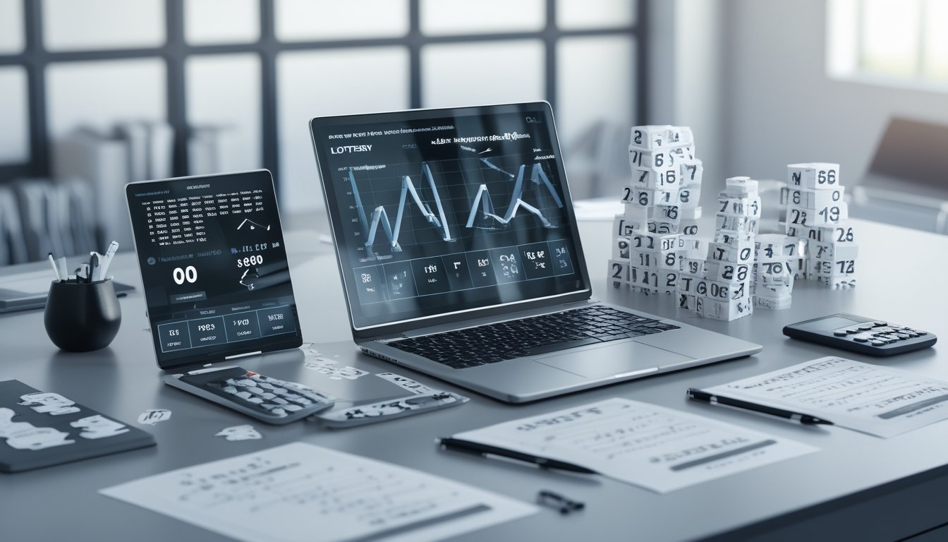 Meja kerja modern dengan perangkat digital dan kertas berisi grafik dan angka untuk analisa kombinasi togel.