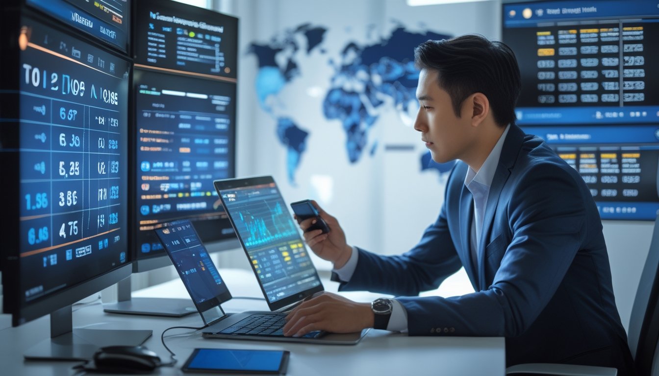 Seorang pria sedang bekerja di kantor dengan beberapa layar digital menampilkan pola angka dan grafik, fokus pada analisis data prediksi togel Bangkok.