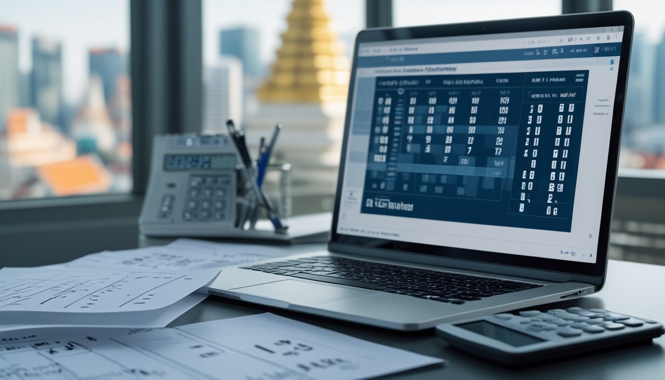 Sebuah meja kerja dengan laptop menampilkan data angka dan grafik, kertas dengan angka tertulis, kalkulator, dan pena, dengan latar belakang pemandangan kota Bangkok yang samar.