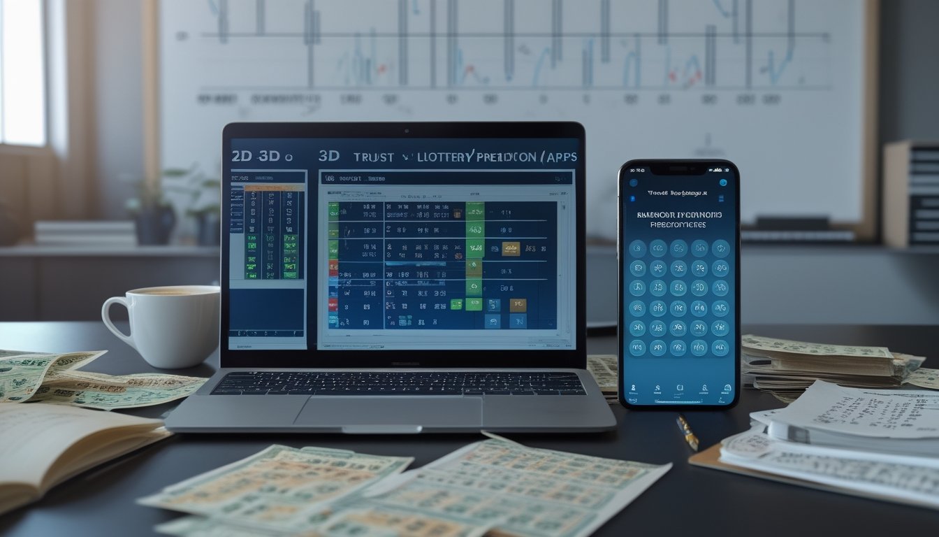 Meja kerja dengan perangkat digital menampilkan data dan grafik prediksi togel, tiket togel, dan catatan di lingkungan kantor yang terang.