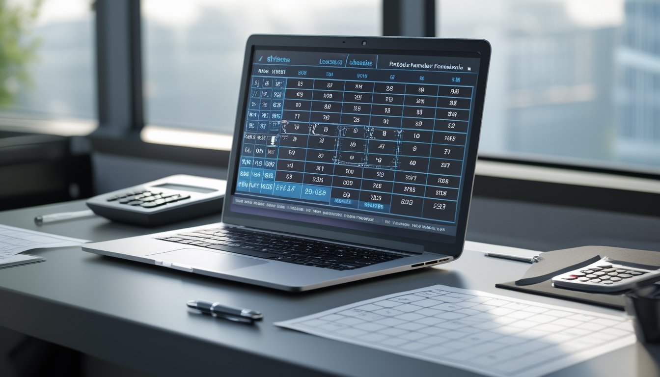 Meja kerja modern dengan laptop yang menampilkan data angka dan grafik, kertas berisi angka, kalkulator, dan pena di atas meja.