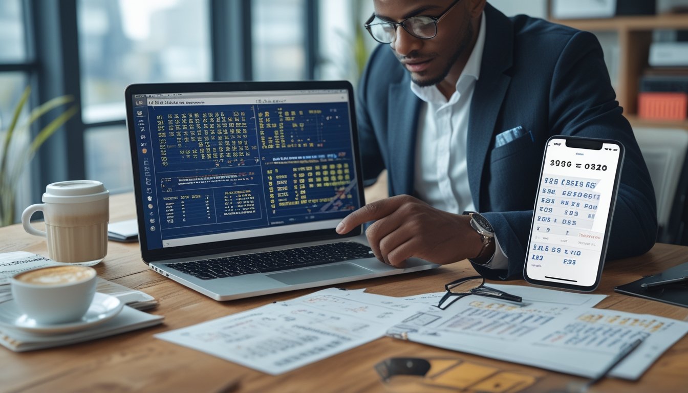 Seseorang sedang menganalisis data prediksi angka togel menggunakan laptop dan smartphone di meja kerja dengan kertas berisi angka-angka.