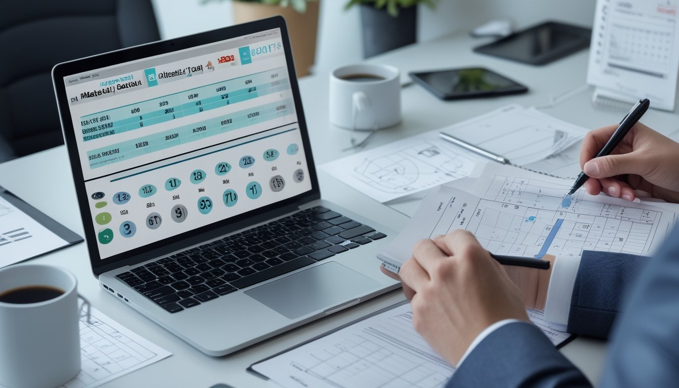 Meja kerja dengan perangkat digital dan dokumen yang menampilkan grafik dan data angka, seseorang sedang menganalisis pola dan statistik untuk prediksi angka togel.