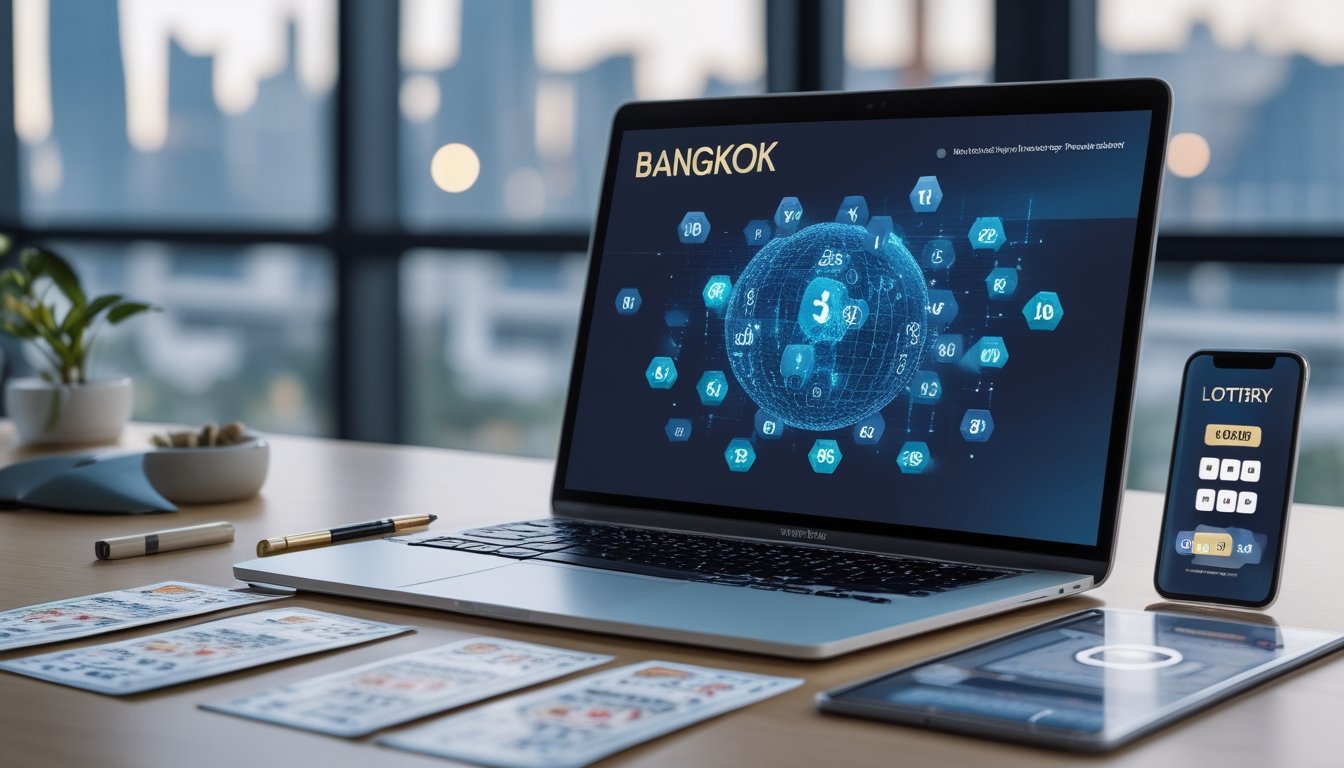 Meja kerja modern dengan laptop, tiket lotre, dan ponsel yang menampilkan aplikasi lotre, dengan latar belakang siluet kota Bangkok.