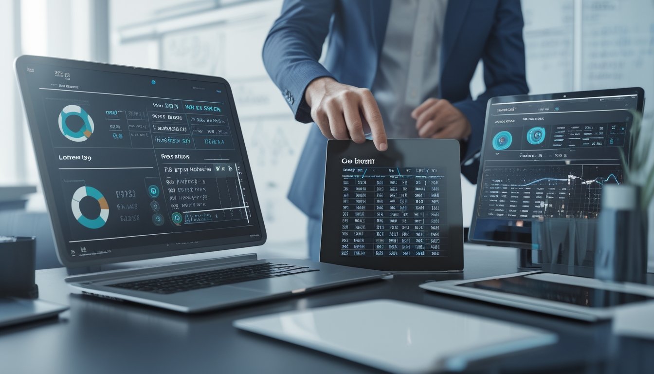 Seorang profesional sedang menganalisis data kombinasi angka pada perangkat digital di ruang kantor yang terang dan rapi.