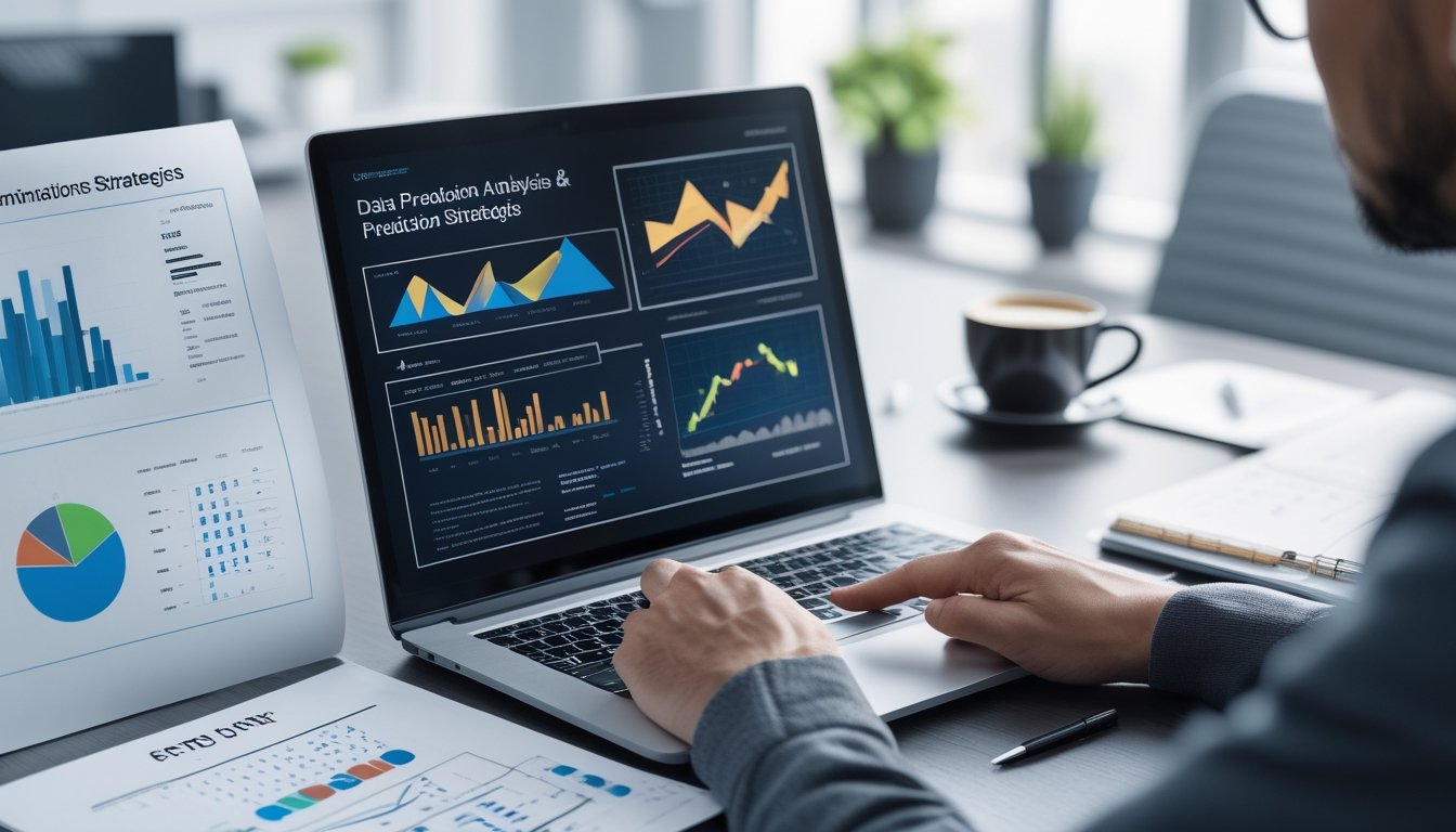 Meja kerja dengan laptop menampilkan grafik data dan tangan seseorang menunjuk layar, dikelilingi oleh kertas dengan angka dan alat tulis.