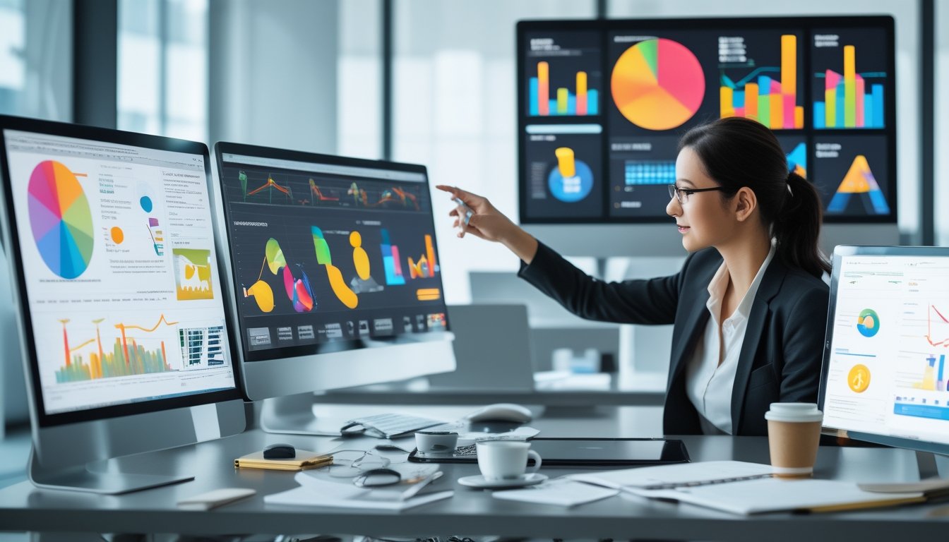 Seorang profesional sedang menganalisis data kombinasi 2D dan 3D di ruang kerja modern dengan beberapa layar komputer yang menampilkan grafik dan visualisasi data.