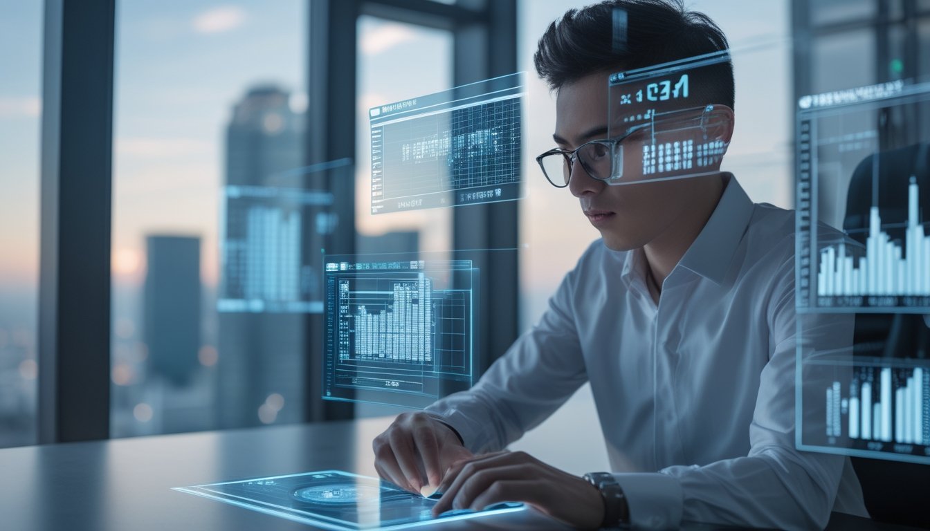 Seseorang sedang menganalisis angka dan grafik pada layar holografik di ruang kerja modern dengan latar belakang kota Bangkok.