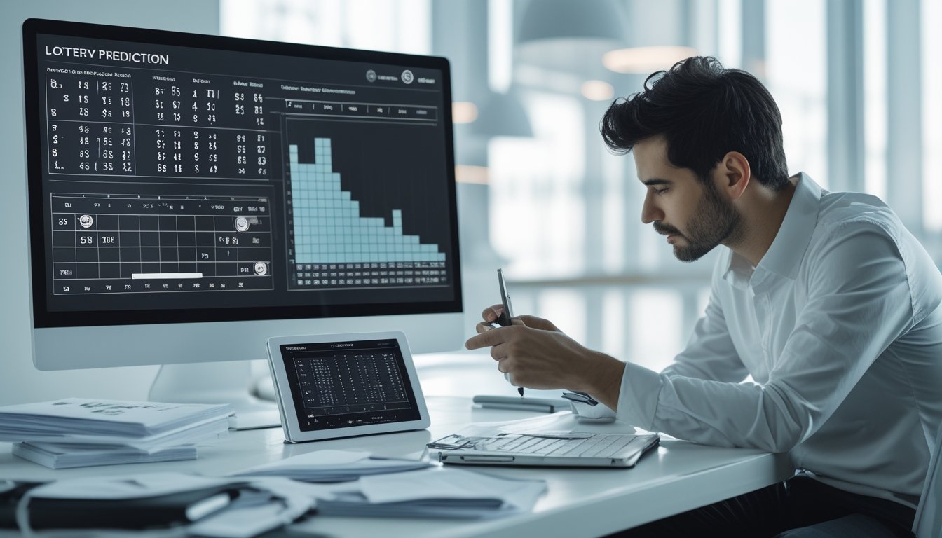 Seorang pria di ruang kerja modern sedang menganalisis data angka togel dengan komputer dan dokumen di meja.
