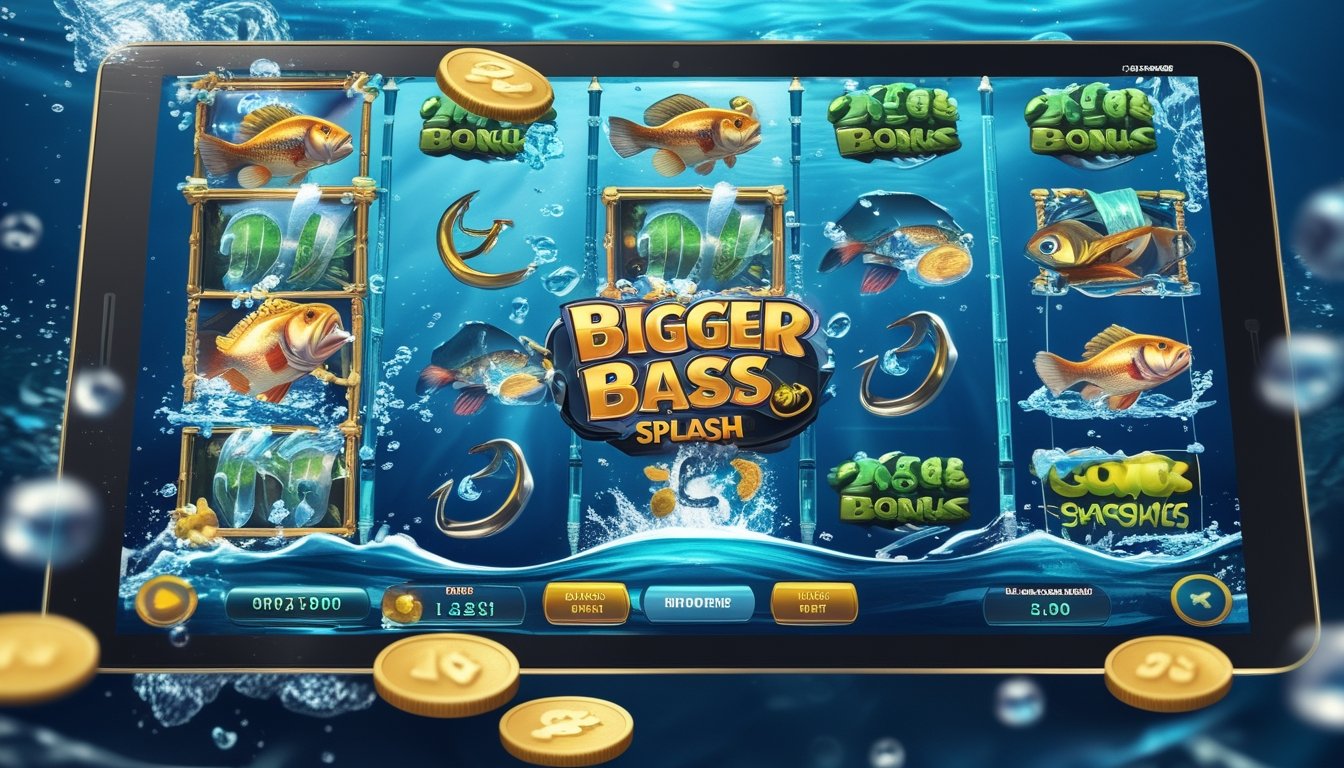 Layar permainan slot dengan tema memancing ikan bass besar di bawah air dengan simbol ikan, kail pancing, dan koin yang bersinar.