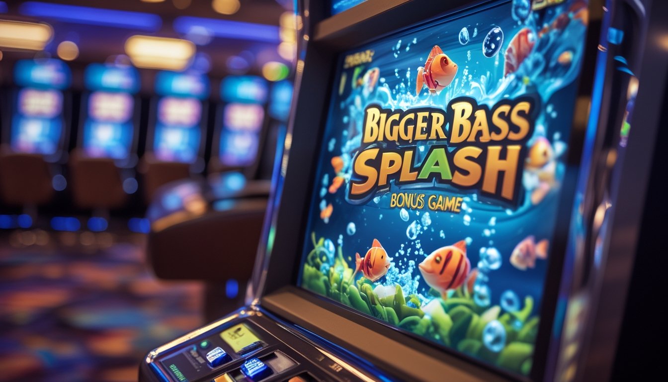 Layar mesin slot modern menampilkan permainan bonus bertema ikan dan air dengan warna cerah di dalam kasino yang ramai.