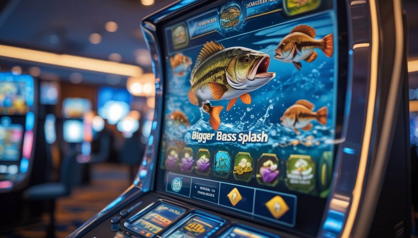 Mesin slot digital dengan tema memancing menampilkan ikan bass besar yang melompat di layar dalam suasana kasino.