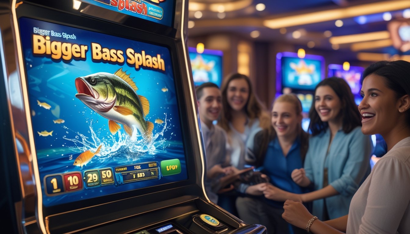 Sejumlah pemula antusias bermain mesin slot bertema ikan bass besar di kasino dengan latar belakang mesin slot lain dan pencahayaan hangat.