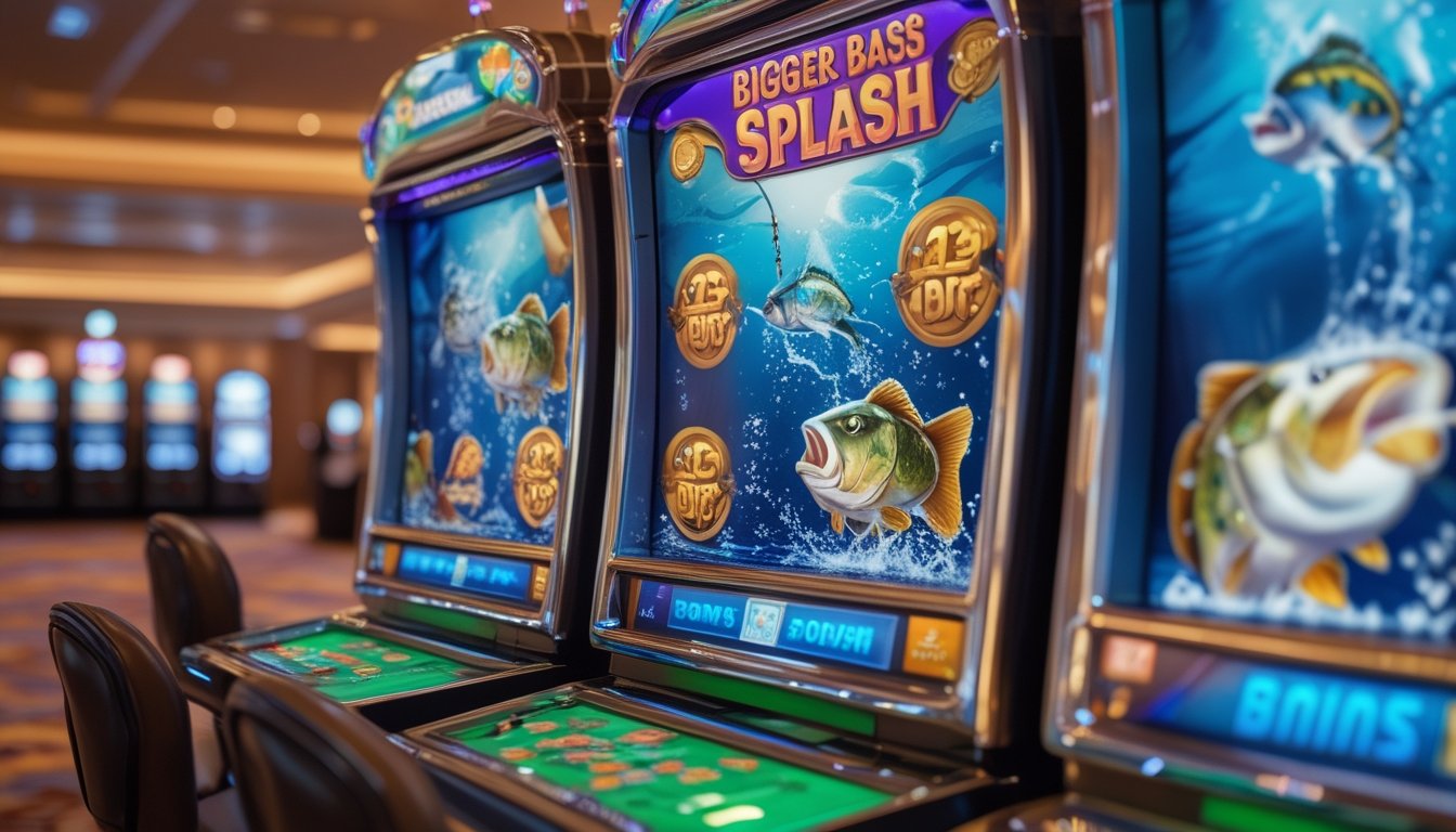 Mesin slot dengan tema memancing bass besar di dalam kasino dengan suasana hangat dan menarik.