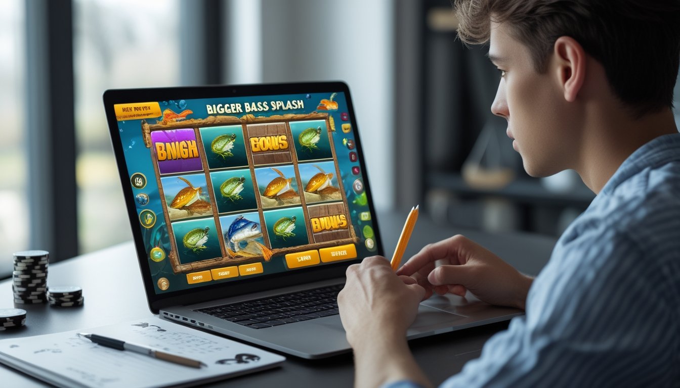 Seseorang sedang fokus melihat layar laptop yang menampilkan permainan slot bertema memancing dengan ikan bass, di ruang kerja rumah yang terang dan rapi.