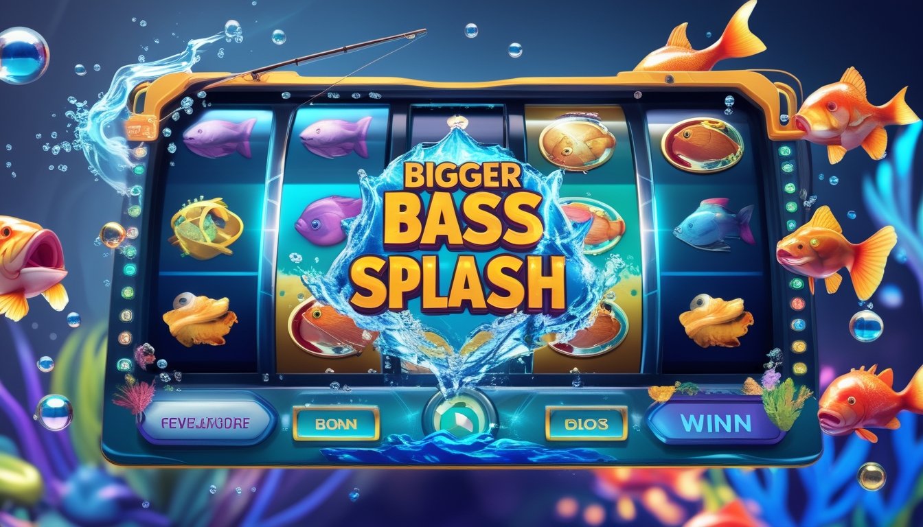 Gambar mesin slot dengan simbol ikan bass besar, cipratan air, dan elemen bawah air yang cerah dan menarik.