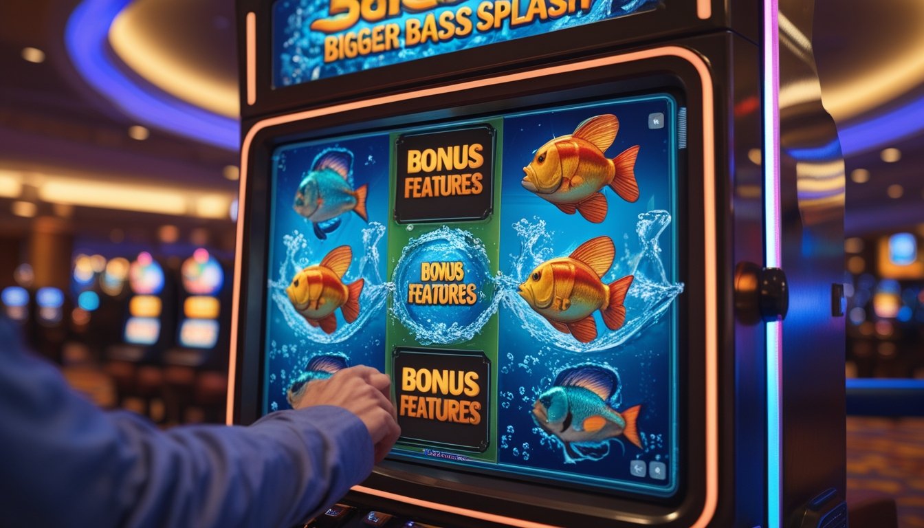 Layar mesin slot dengan tema ikan bass besar dan simbol bonus, dengan tangan yang siap menekan tombol putar di suasana kasino yang ramai.