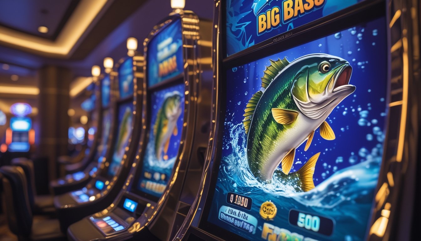 Adegan mesin slot bertema memancing dengan ikan bass besar yang menyembur air di dalam kasino yang terang dan modern.