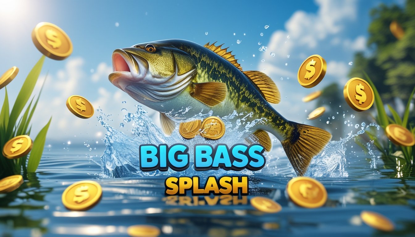 Seekor ikan bass besar melompat keluar dari air dengan cipratan besar, dikelilingi oleh elemen-elemen yang menggambarkan permainan slot dan bonus.