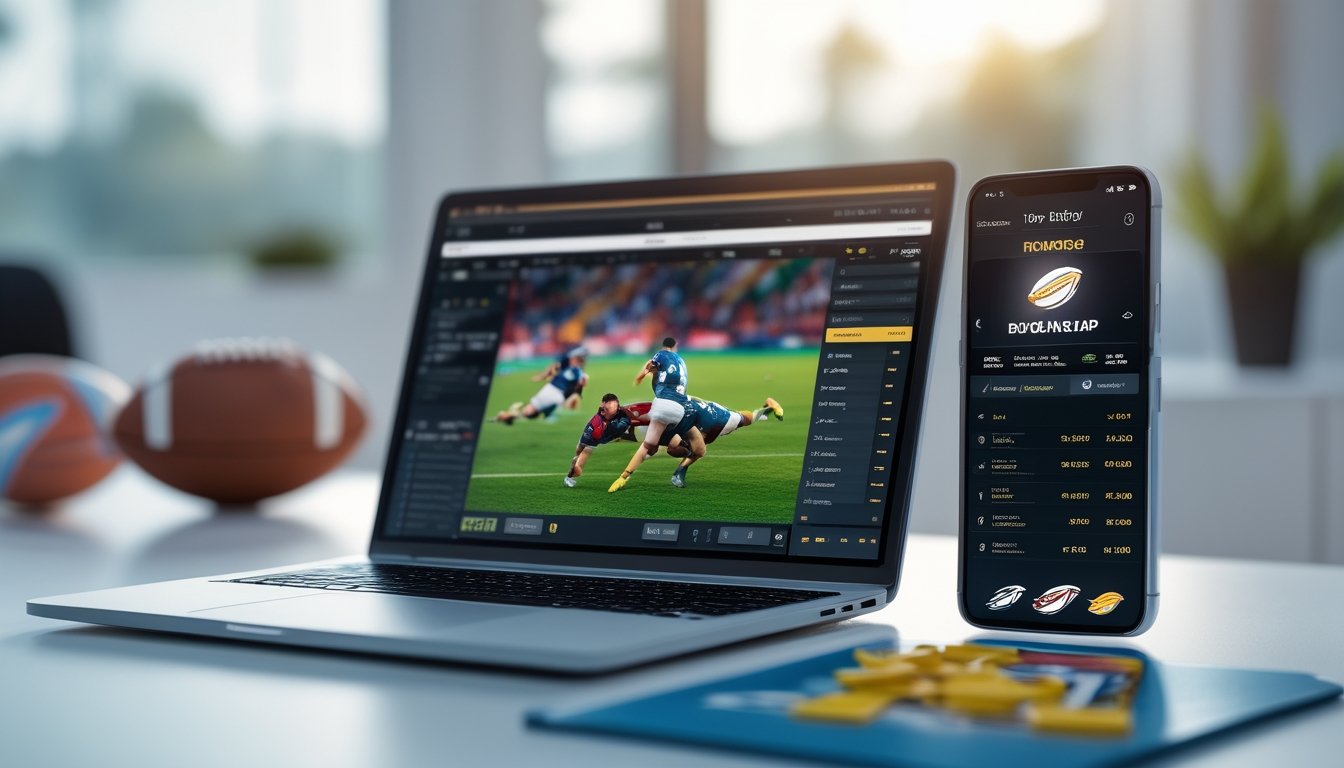 Seorang pria menggunakan laptop dan ponsel dengan tampilan pertandingan rugby dan aplikasi taruhan olahraga di meja kerja modern.