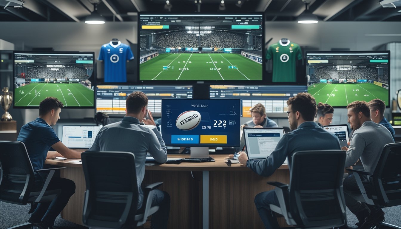 Sejumlah orang profesional sedang menganalisis pertandingan rugby di layar komputer dalam ruangan kantor modern.