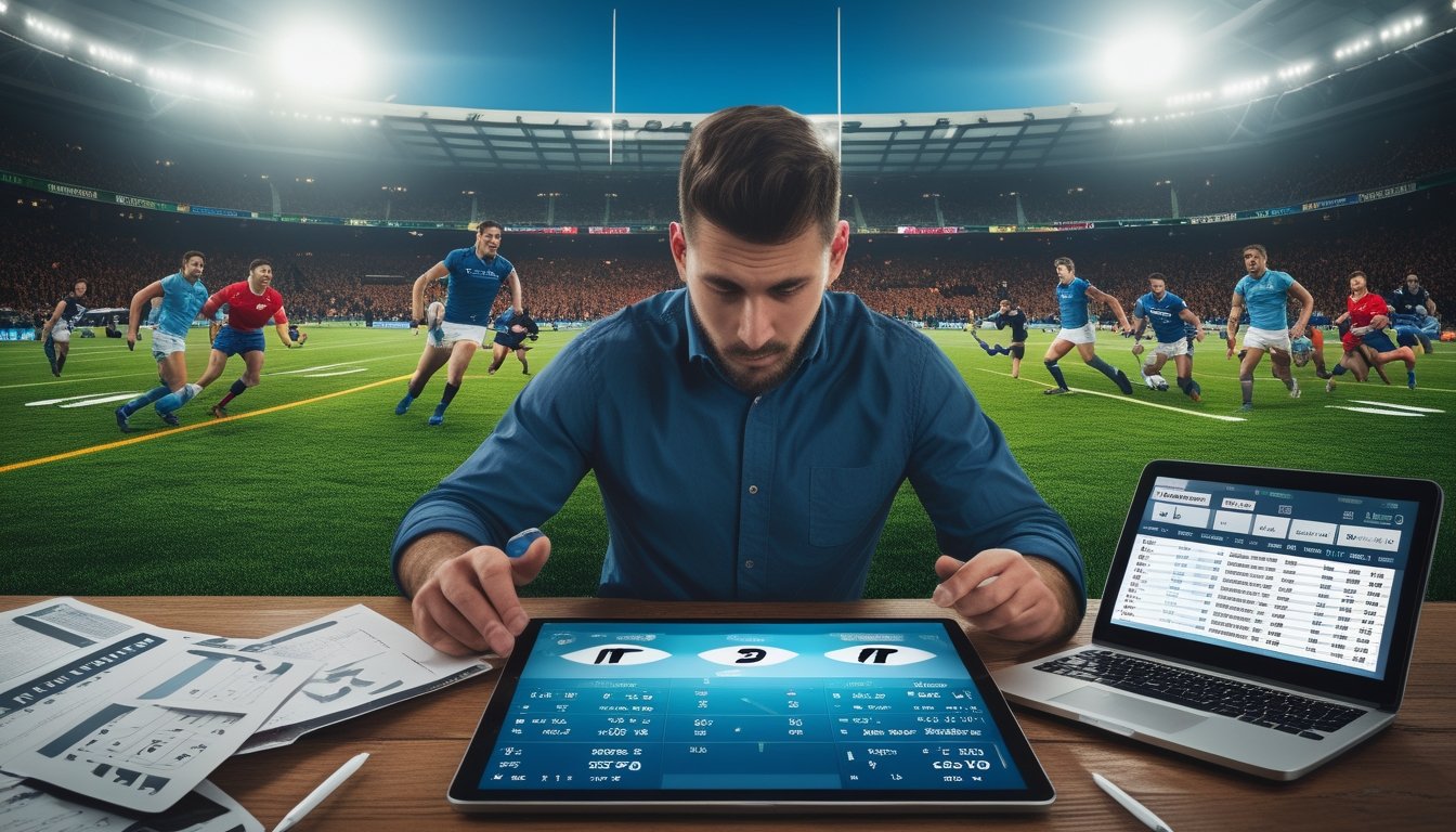 Seorang petaruh fokus menggunakan tablet di dekat lapangan rugby yang sedang berlangsung dengan pemain yang beraksi dan penonton di stadion.