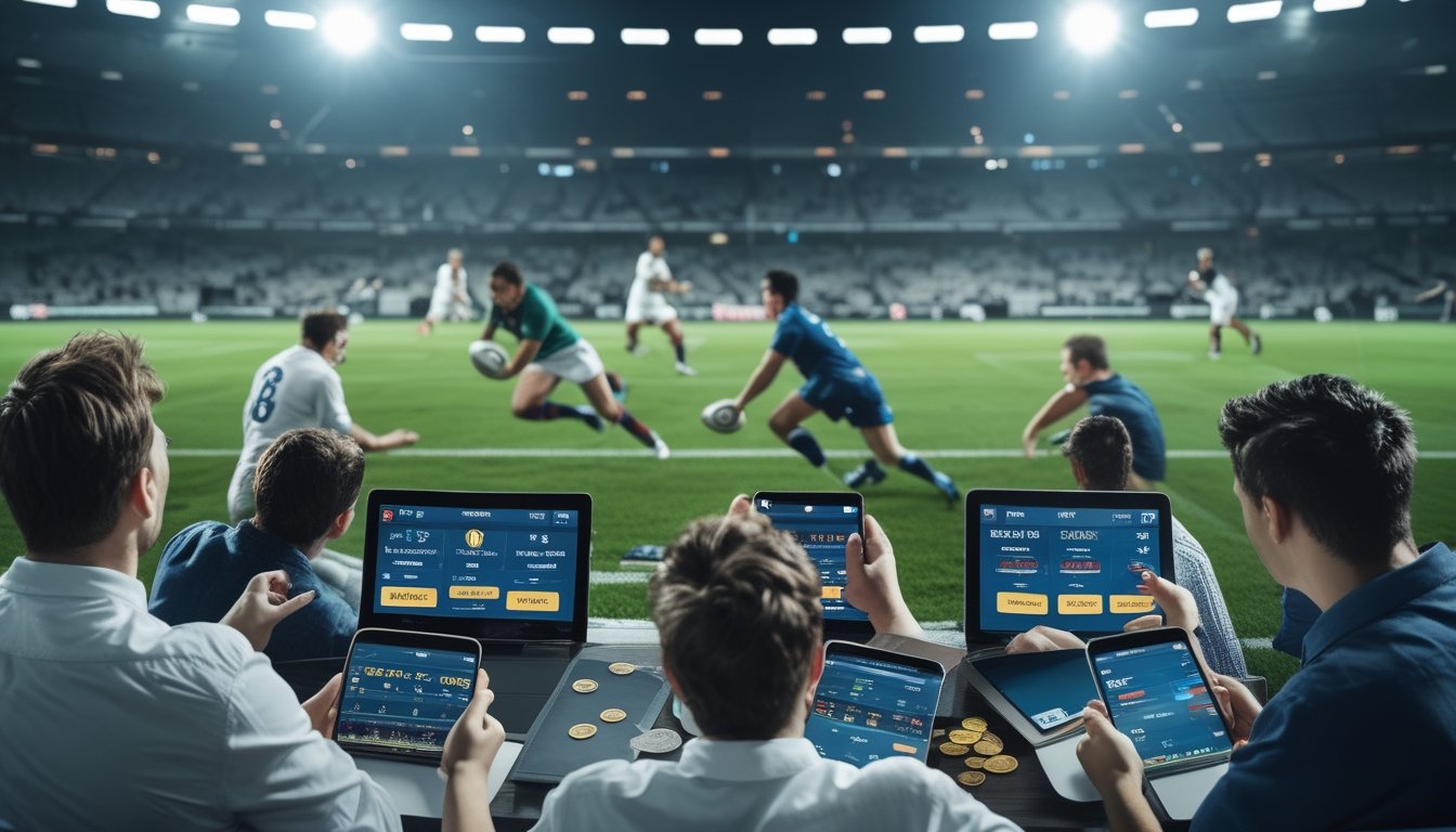 Pertandingan rugby sedang berlangsung dengan para pemain beraksi di lapangan, sementara sekelompok orang menonton dan memasang taruhan menggunakan perangkat digital.