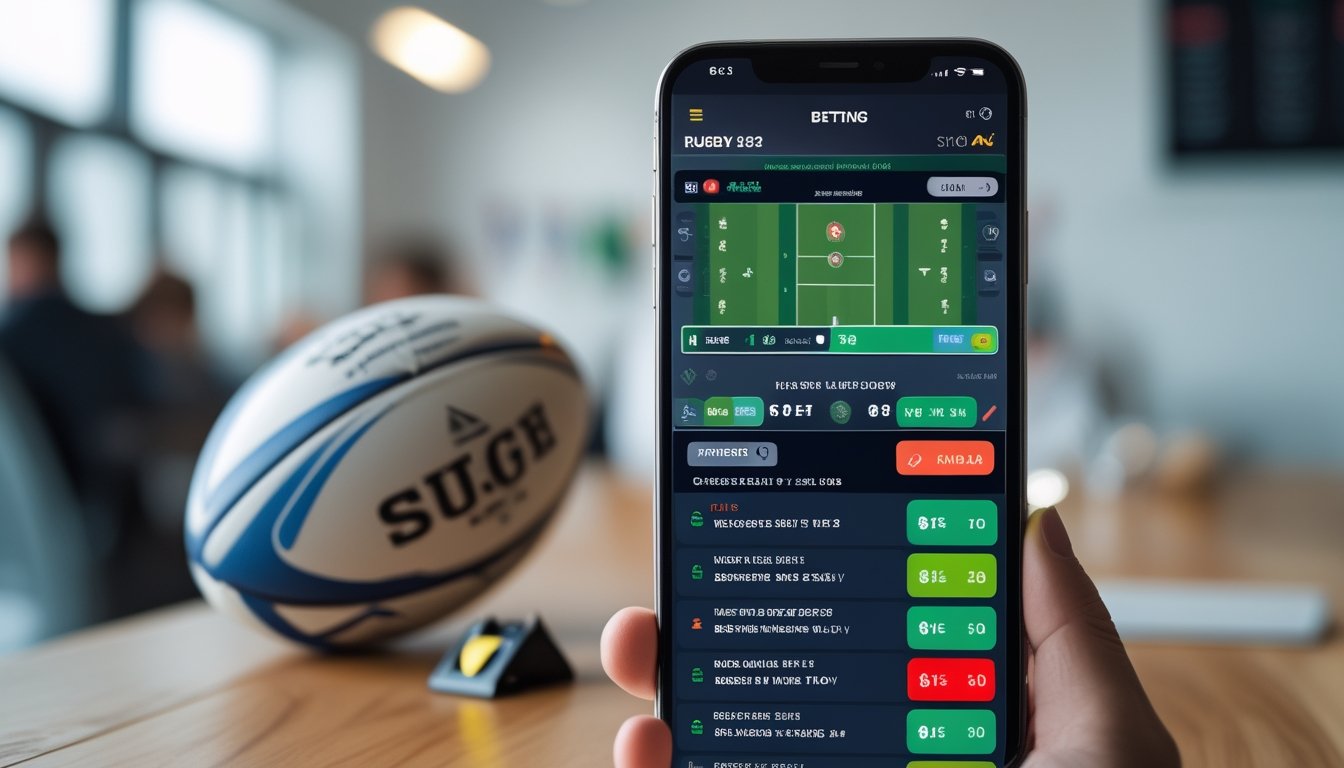 Seseorang menggunakan perangkat digital untuk memasang taruhan pada pertandingan rugby dengan latar belakang bola rugby dan papan skor.