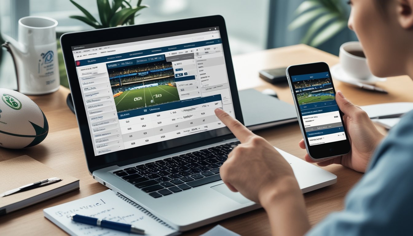 Seseorang sedang belajar taruhan rugby di meja kerja dengan laptop, bola rugby, dan catatan di sekitarnya.