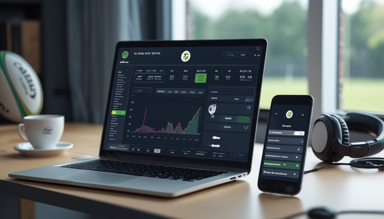 Meja kerja dengan laptop yang menampilkan statistik pertandingan rugby, ponsel dengan peluang taruhan langsung, bola rugby, dan cangkir kopi.