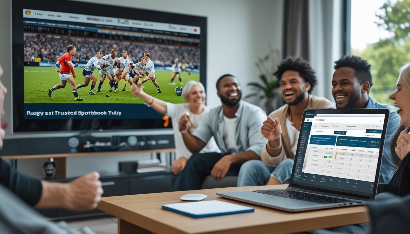 Sekelompok orang menonton pertandingan rugby di ruang tamu sambil menggunakan perangkat untuk memasang taruhan secara online.