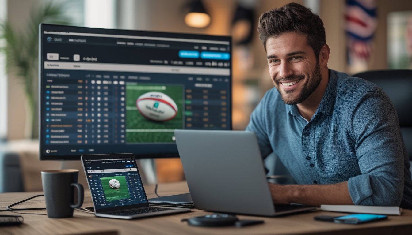 Seorang pria duduk di meja dengan laptop dan ponsel yang menampilkan statistik dan peluang taruhan rugby, terlihat fokus dan puas.