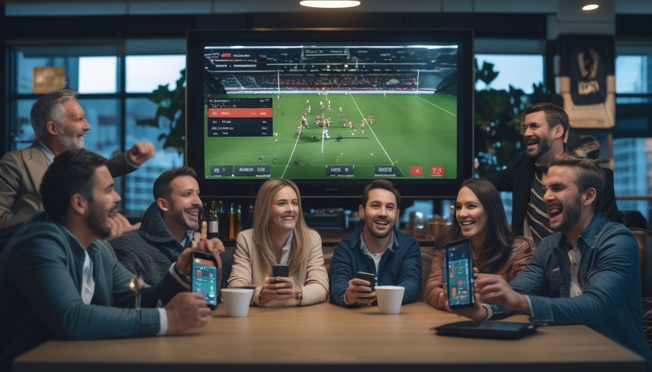 Sekelompok orang menonton pertandingan rugby dengan skor langsung di layar besar sambil menggunakan perangkat elektronik untuk taruhan.