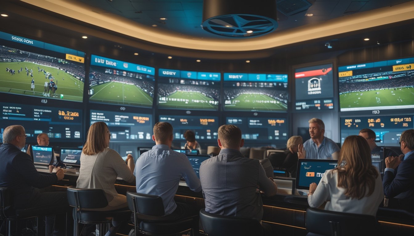 Sekelompok orang menonton pertandingan rugby secara langsung dengan papan skor real-time di layar besar di dalam sebuah ruang taruhan olahraga.