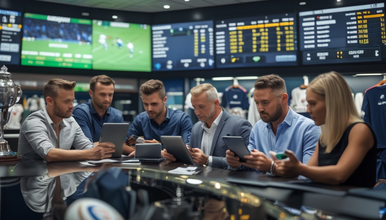 Sejumlah orang sedang memperhatikan layar digital yang menampilkan statistik dan skor pertandingan rugby di dalam sebuah tempat taruhan olahraga.