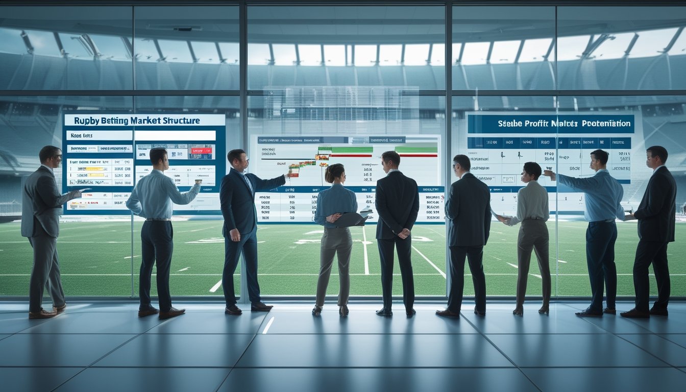 Sekelompok profesional sedang menganalisis data taruhan rugby di kantor modern dengan latar belakang stadion rugby.