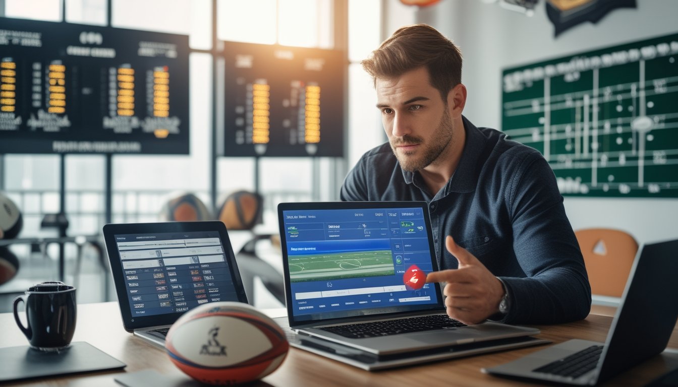 Seseorang sedang menganalisis statistik dan peluang taruhan rugby di perangkat digital dengan bola rugby dan papan strategi di sekitarnya.