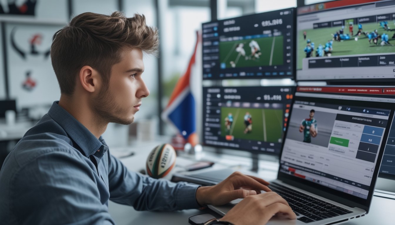 Seorang pria muda fokus menganalisis statistik pertandingan rugby di laptop dan layar digital dalam ruangan kantor modern.