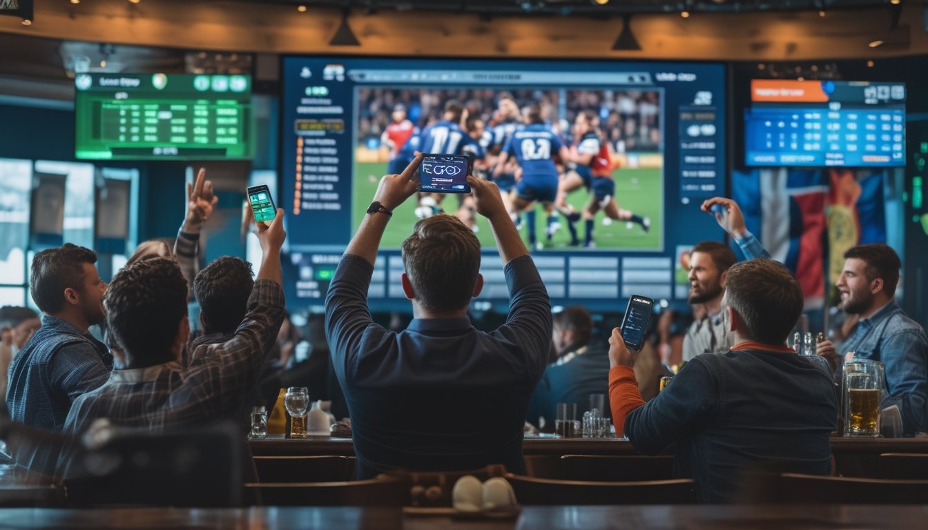 Sekelompok penggemar rugby menonton pertandingan internasional di bar olahraga dengan perangkat yang menampilkan aplikasi taruhan berbagai pilihan pasaran.