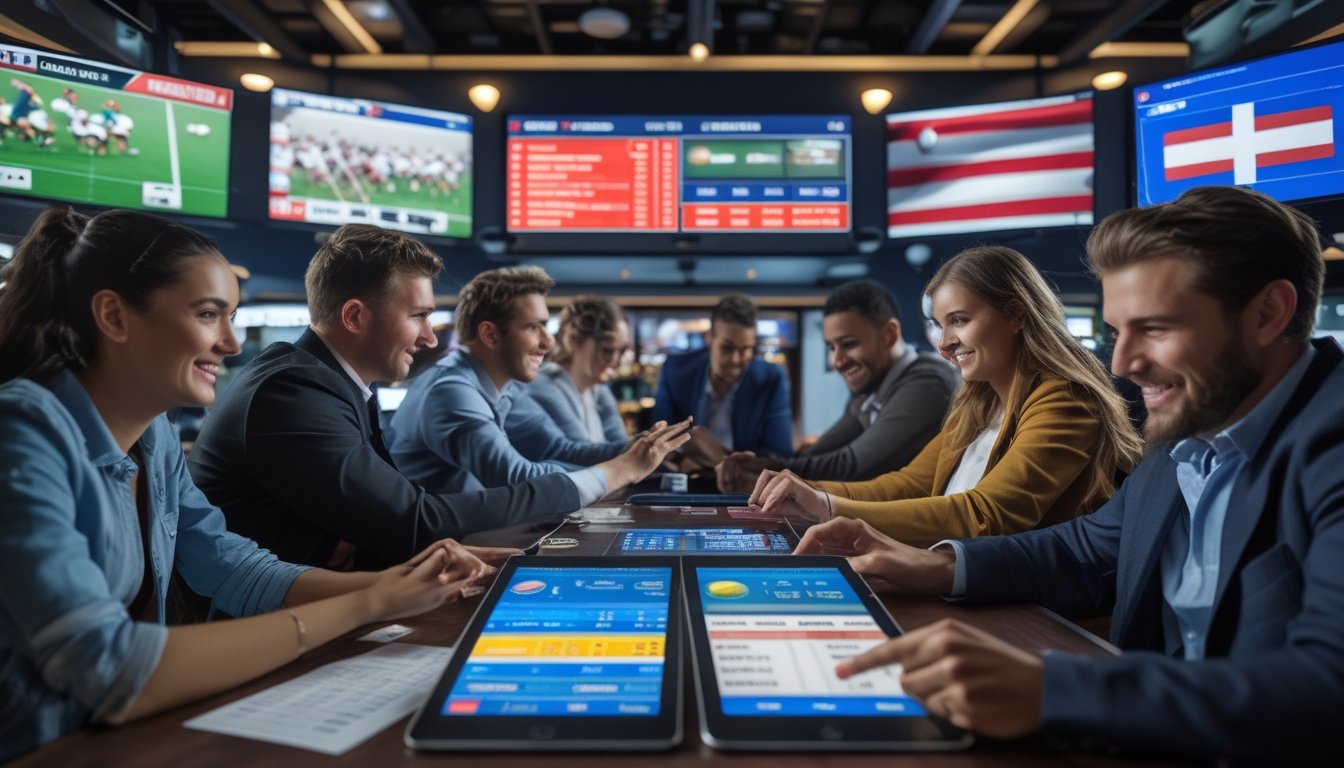 Orang-orang di bar olahraga modern sedang menonton pertandingan rugby internasional dan menggunakan perangkat digital untuk melihat pilihan taruhan rugby.