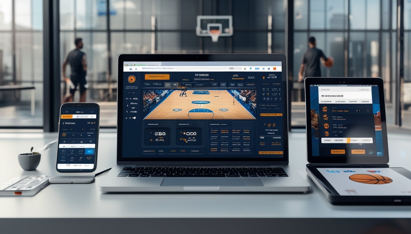 Seorang pria menggunakan laptop dan perangkat digital lain untuk taruhan bola basket online dengan lapangan bola basket terlihat di latar belakang.