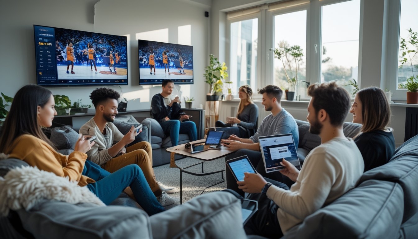 Sekelompok orang muda menggunakan perangkat digital di ruang tamu sambil menonton pertandingan basket secara langsung.