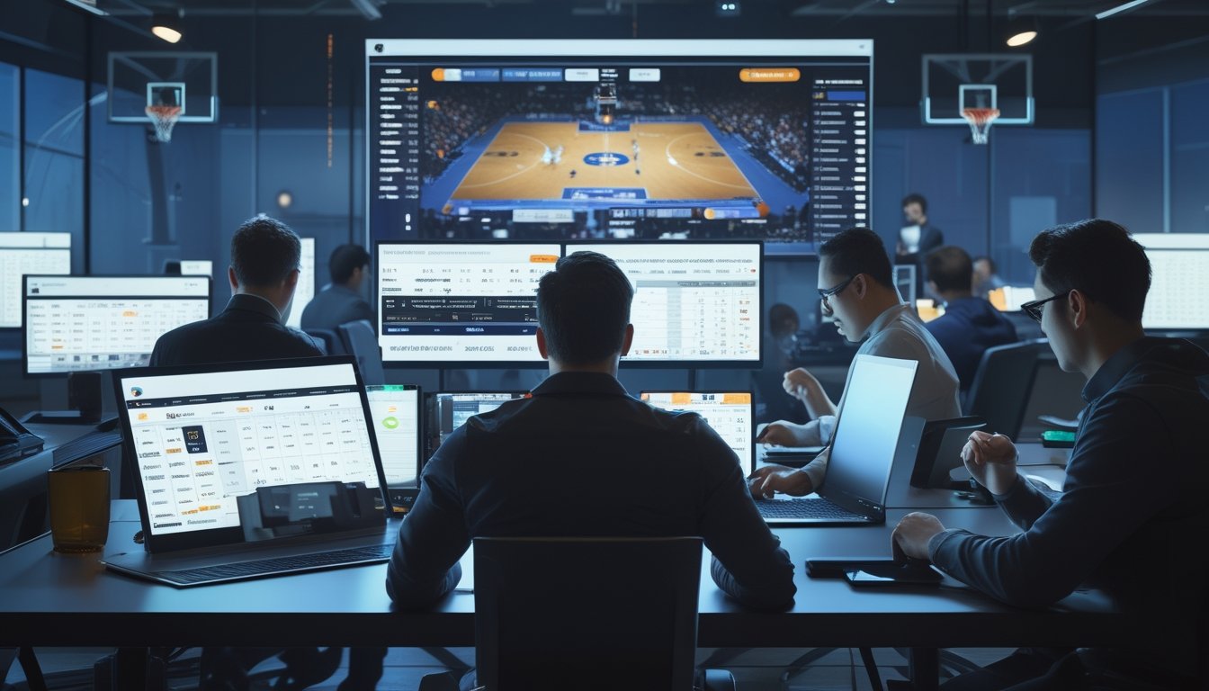 Sekelompok orang profesional sedang fokus menggunakan komputer dan perangkat digital untuk memasang taruhan pada pertandingan bola basket yang sedang berlangsung.